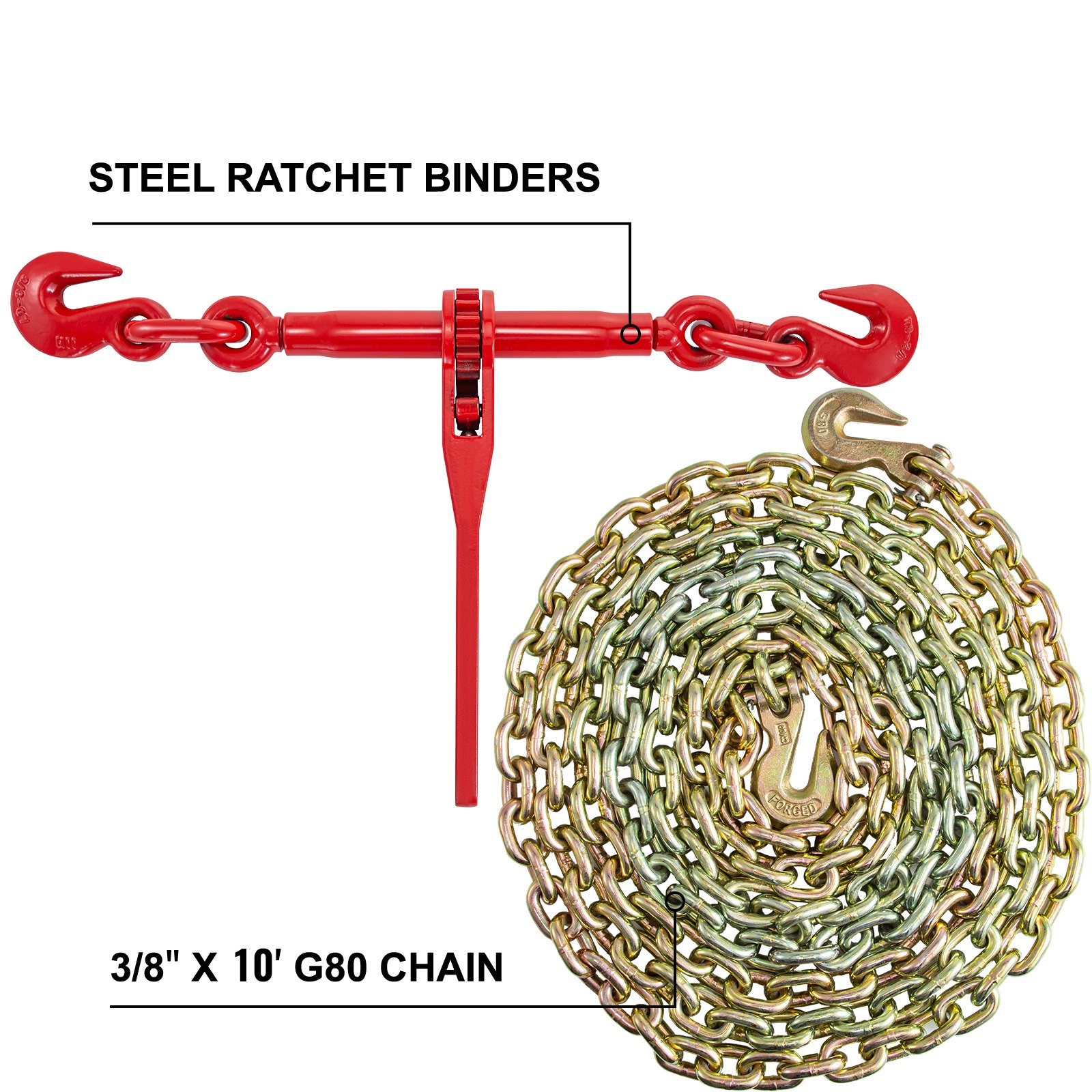 Kit de cadena y tensor VEVOR con tensores de trinquete de acero rojo y cadena g80 de 3/8&quot; x 10&#039;.
