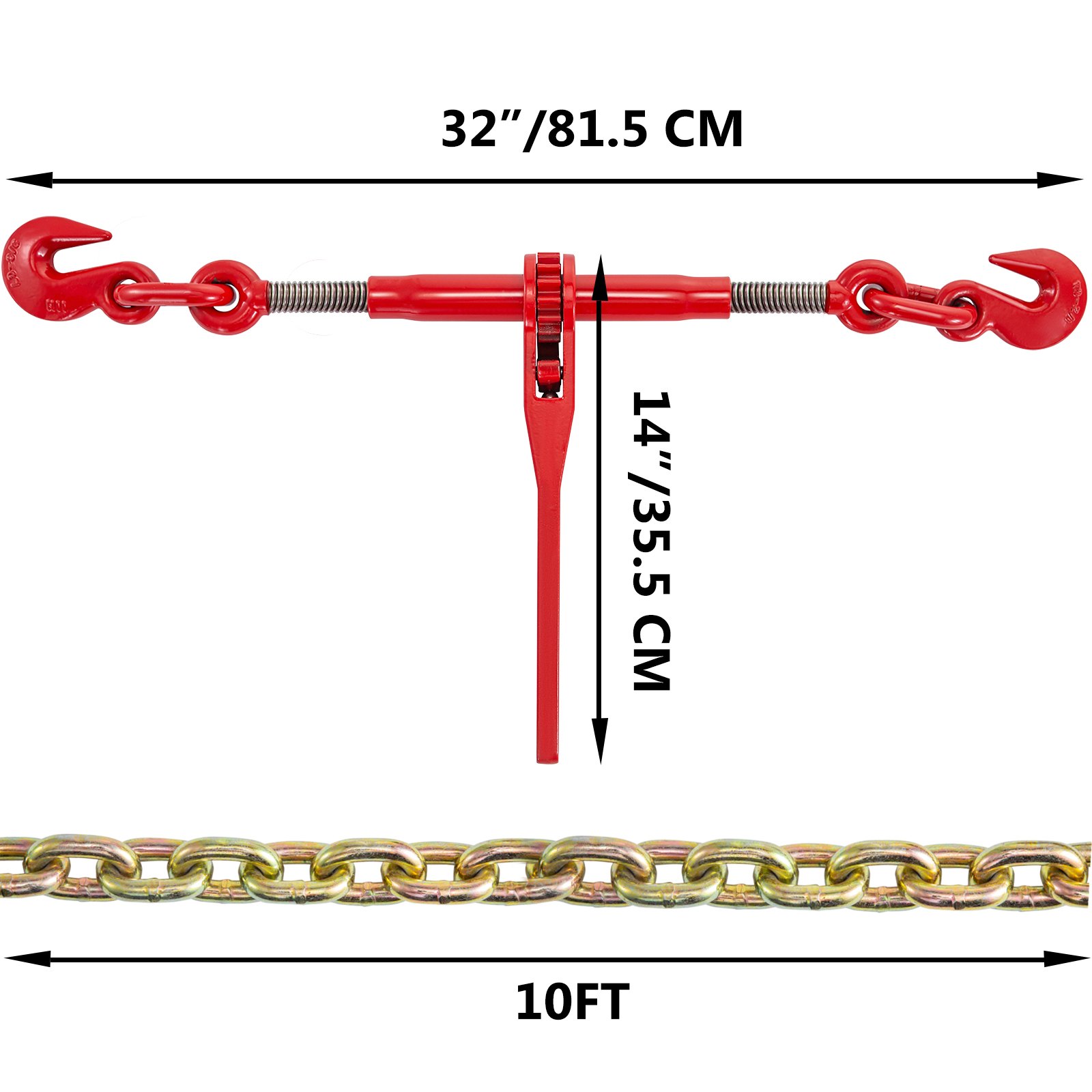 Dimensiones del kit de cadena y tensor VEVOR: tensor de 32&quot;/81,5 cm, cadena de 10 pies.
