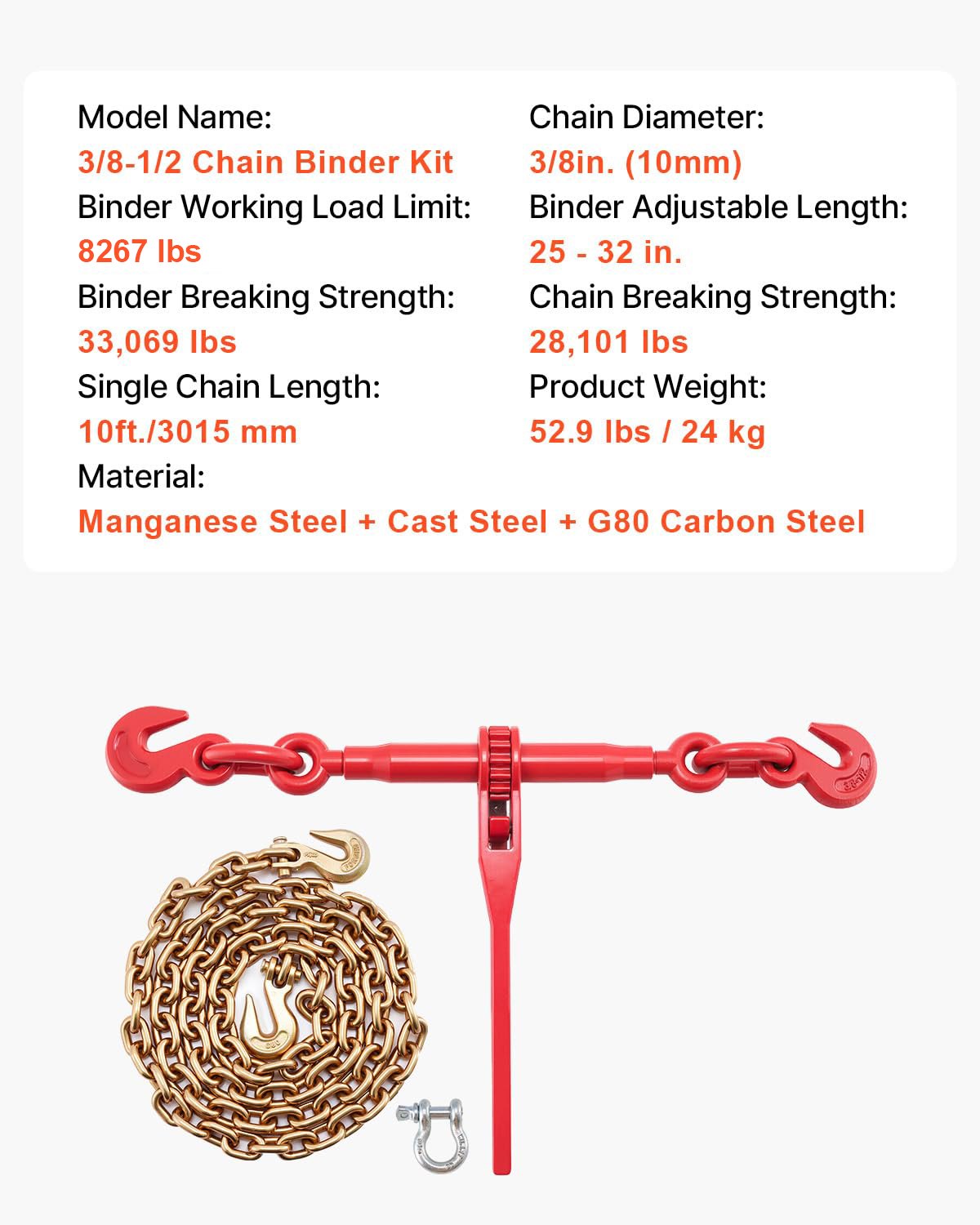 VEVOR Chain and Binder Kit 3/8in-1/2in, Ratchet Load Binders 9215lbs Working Strength, Ratchet Binders and Chains, 3/8in x 10ft Chains with G70 Hooks, for Truck, Tie Down, Hauling, Towing
