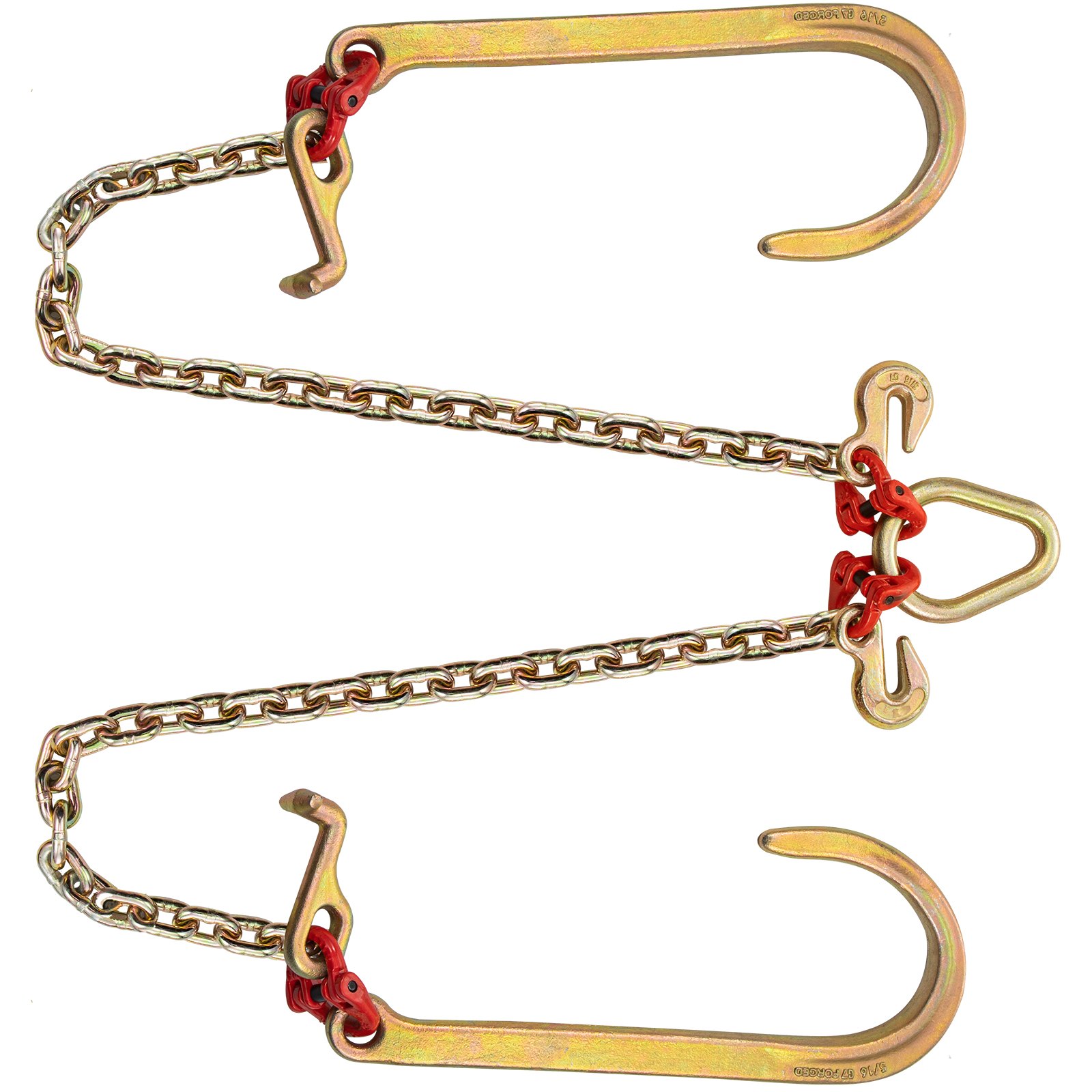 Cadena de brida VEVOR en forma de V con ganchos amarillos y cadenas de metal.