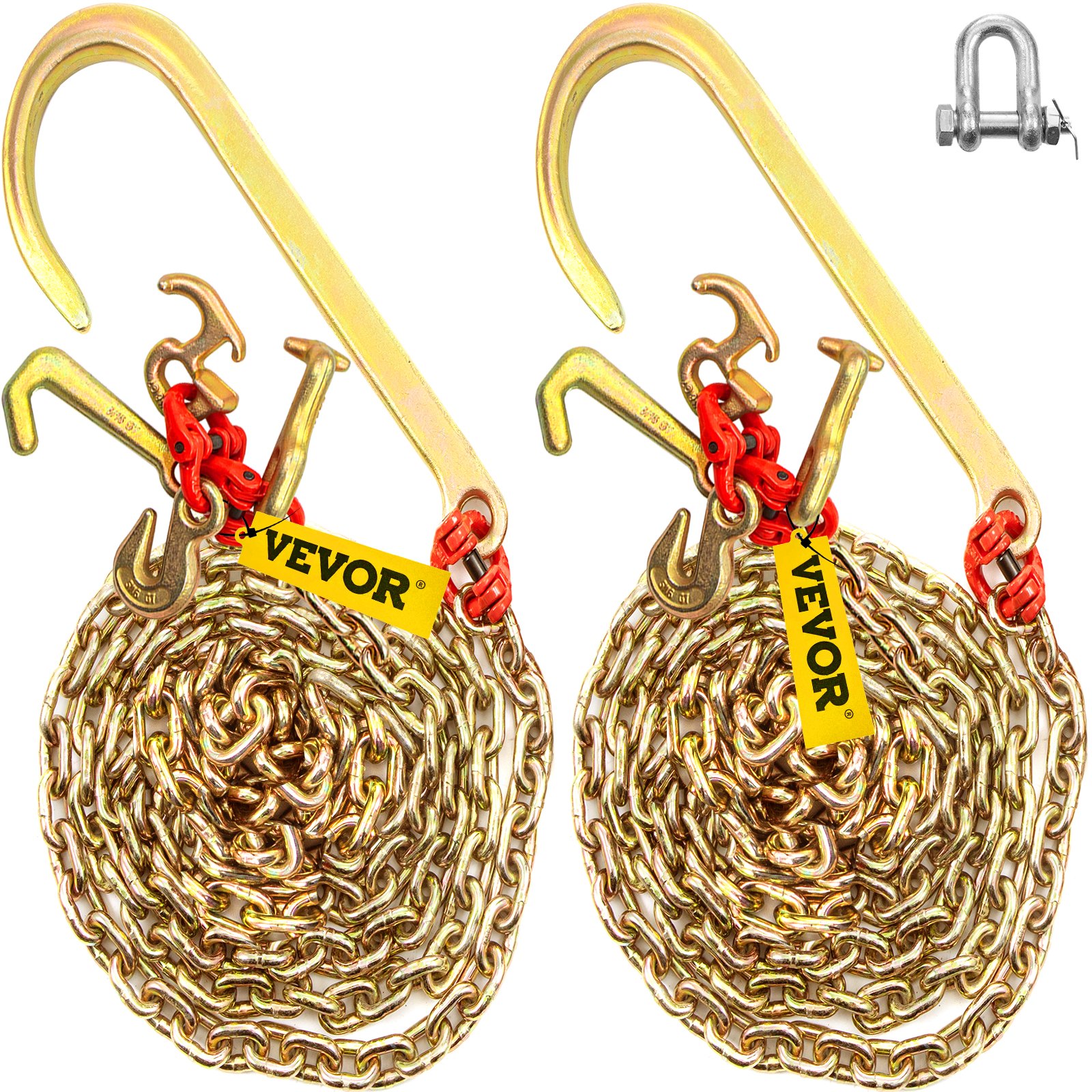 Dos cadenas VEVOR doradas con ganchos en forma de J, con ganchos y etiquetas rojas, enrolladas y aseguradas.