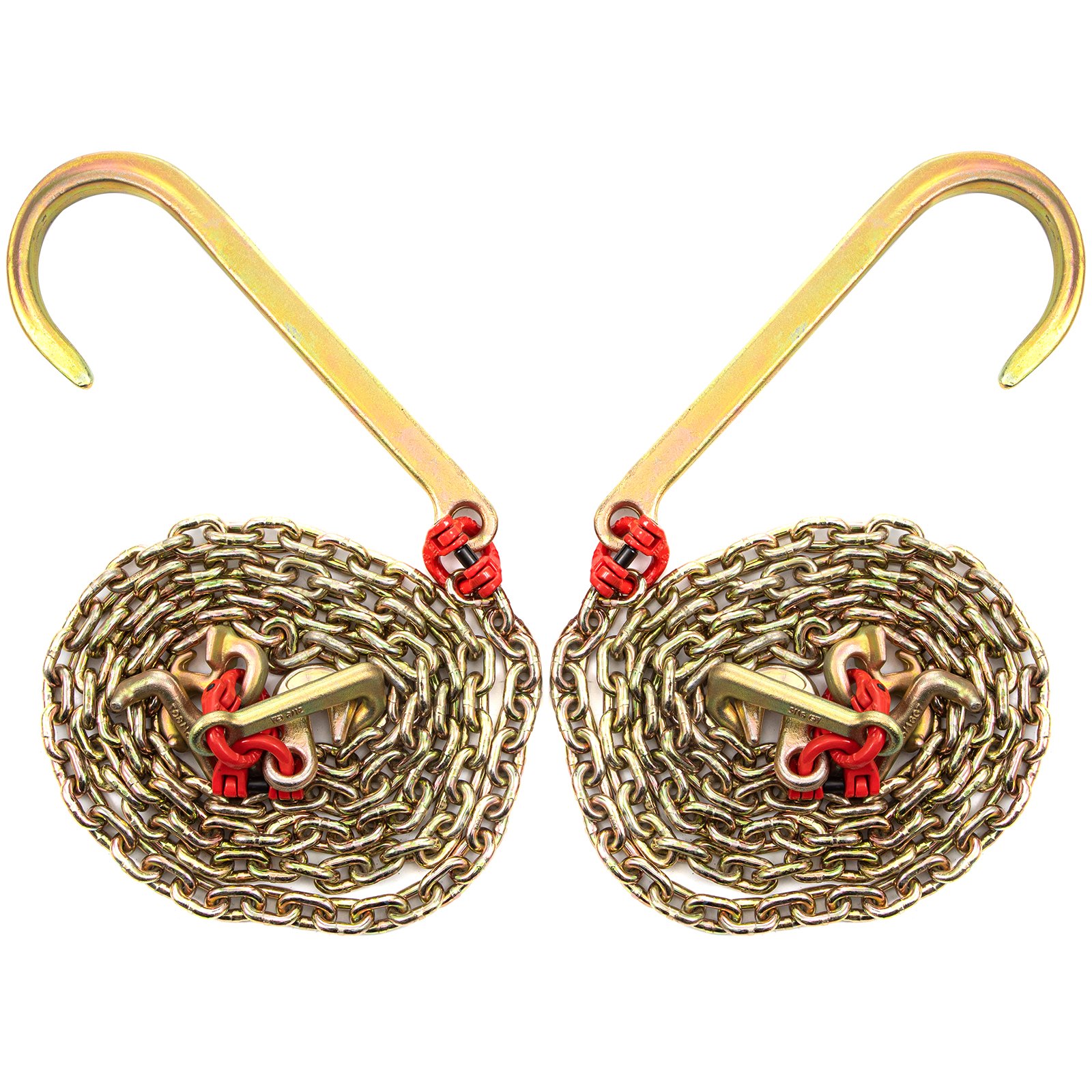 Cadena con gancho en forma de J VEVOR, ganchos duraderos con cadenas de acero enrolladas y conectores rojos.