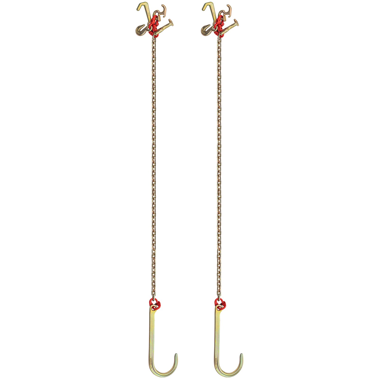 Cadena con gancho en forma de J de VEVOR con acabado dorado y detalles en rojo, que muestra dos ganchos y cadenas.