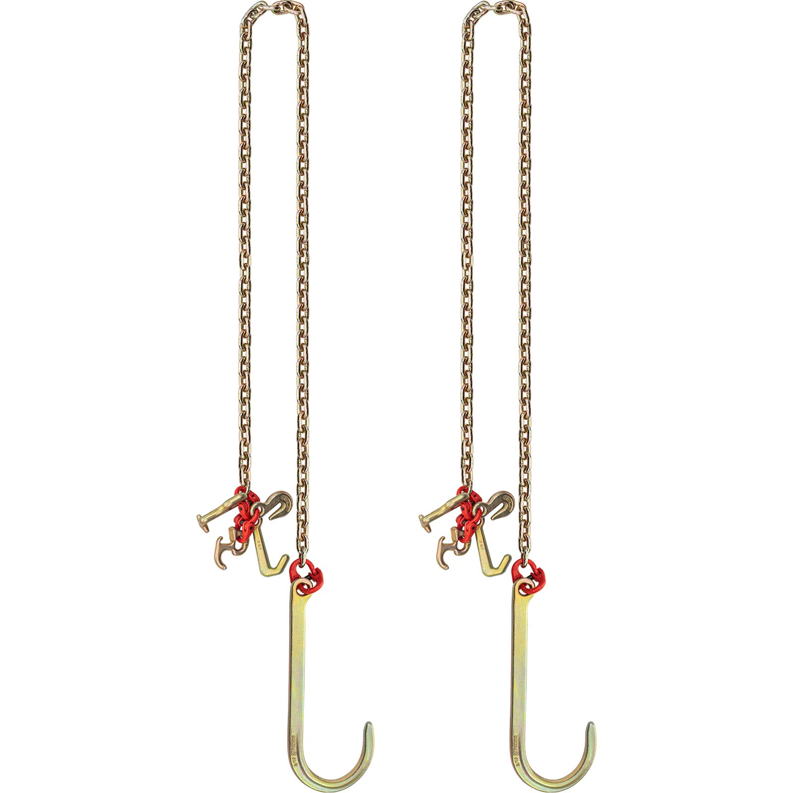 Par de cadenas con gancho en J VEVOR con diseño de doble elevación y acabado duradero de metal dorado.