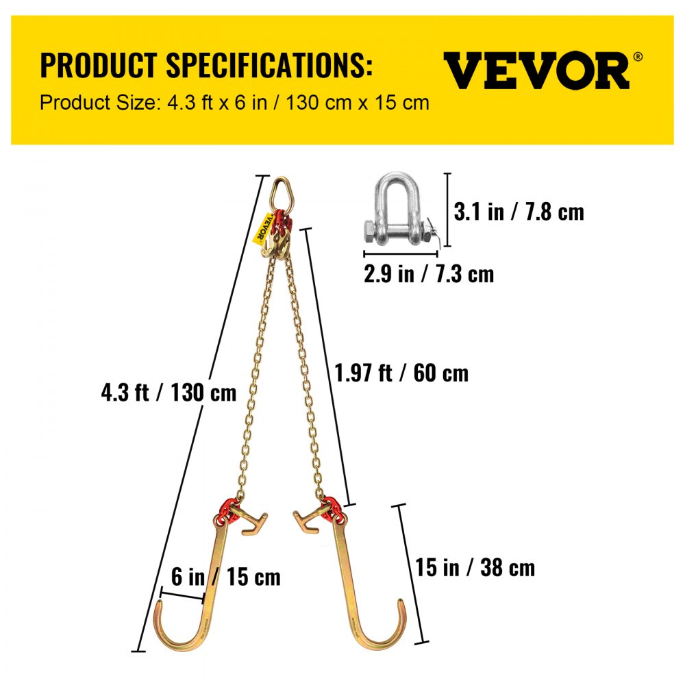 Especificaciones de la cadena de brida VEVOR con ganchos dobles y medidas de conector.