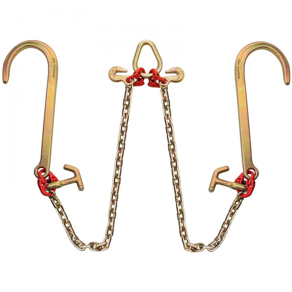 Cadena de brida VEVOR de doble gancho con eslabones dorados y rojos resistentes para una elevación segura.