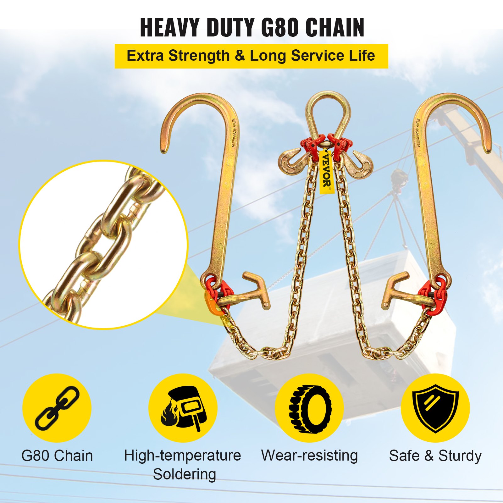 Cadena G80 resistente con ganchos - Cadena de brida VEVOR, segura y resistente, resistencia adicional