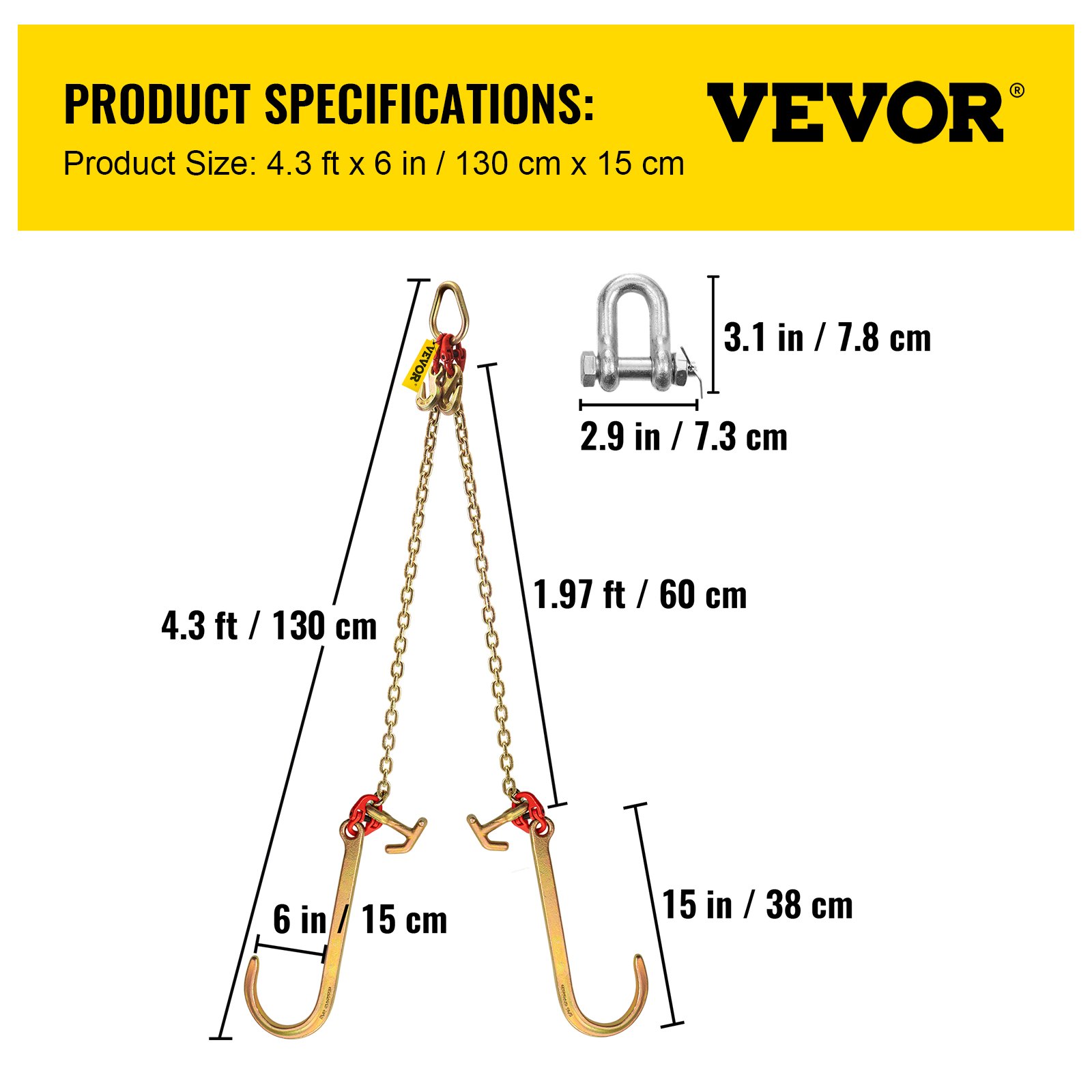 Especificaciones de la cadena de brida VEVOR con ganchos dobles y medidas de conector.