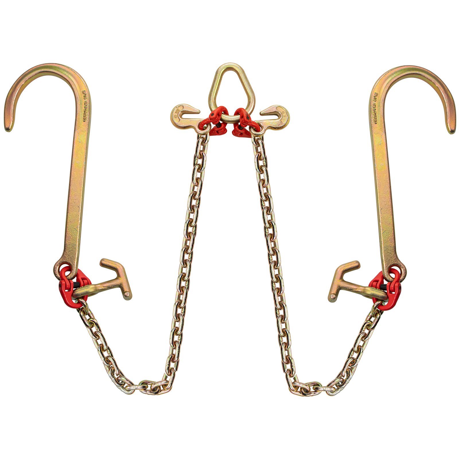 Cadena de brida VEVOR de doble gancho con eslabones dorados y rojos resistentes para una elevación segura.