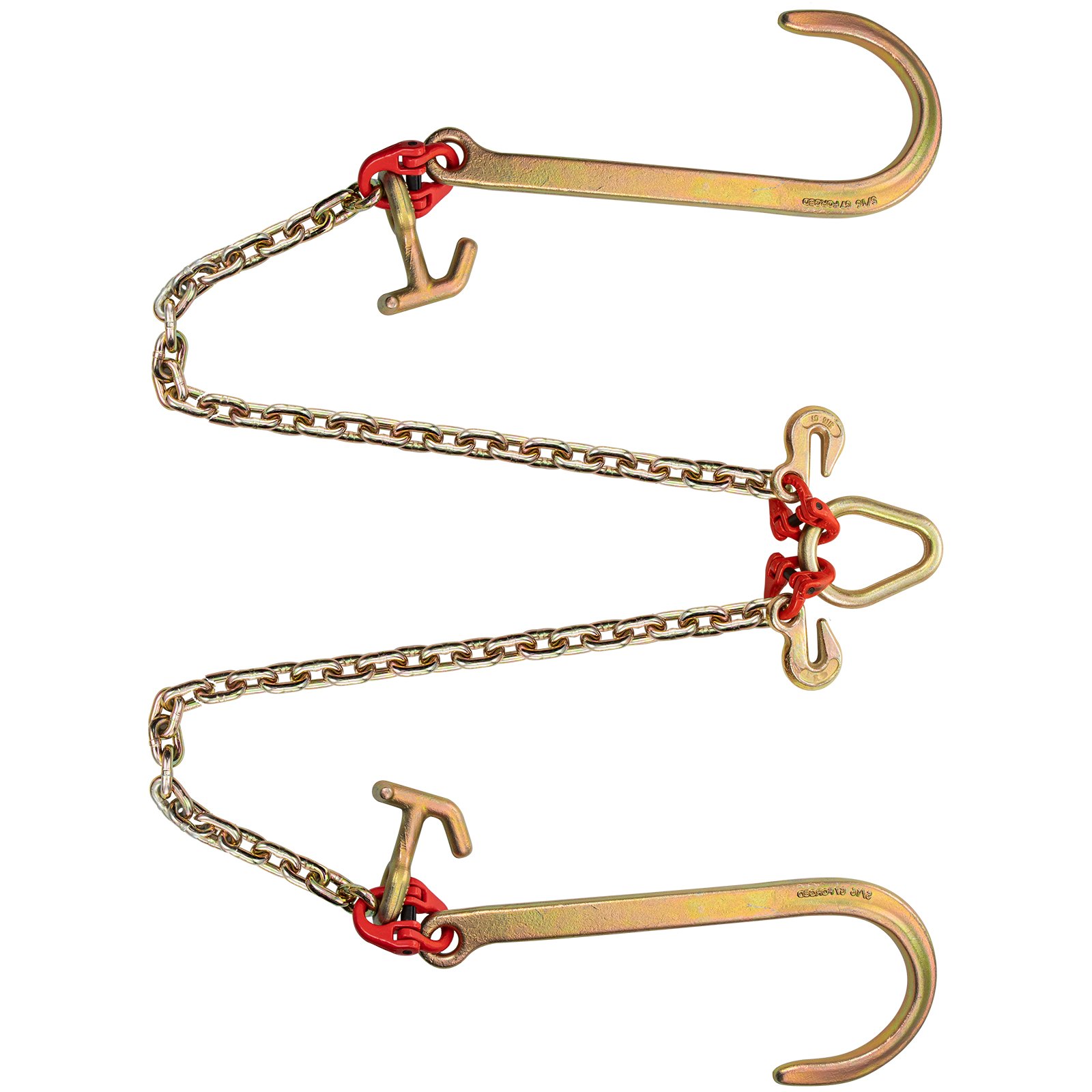 Cadena de brida VEVOR en forma de V con ganchos y conectores rojos.
