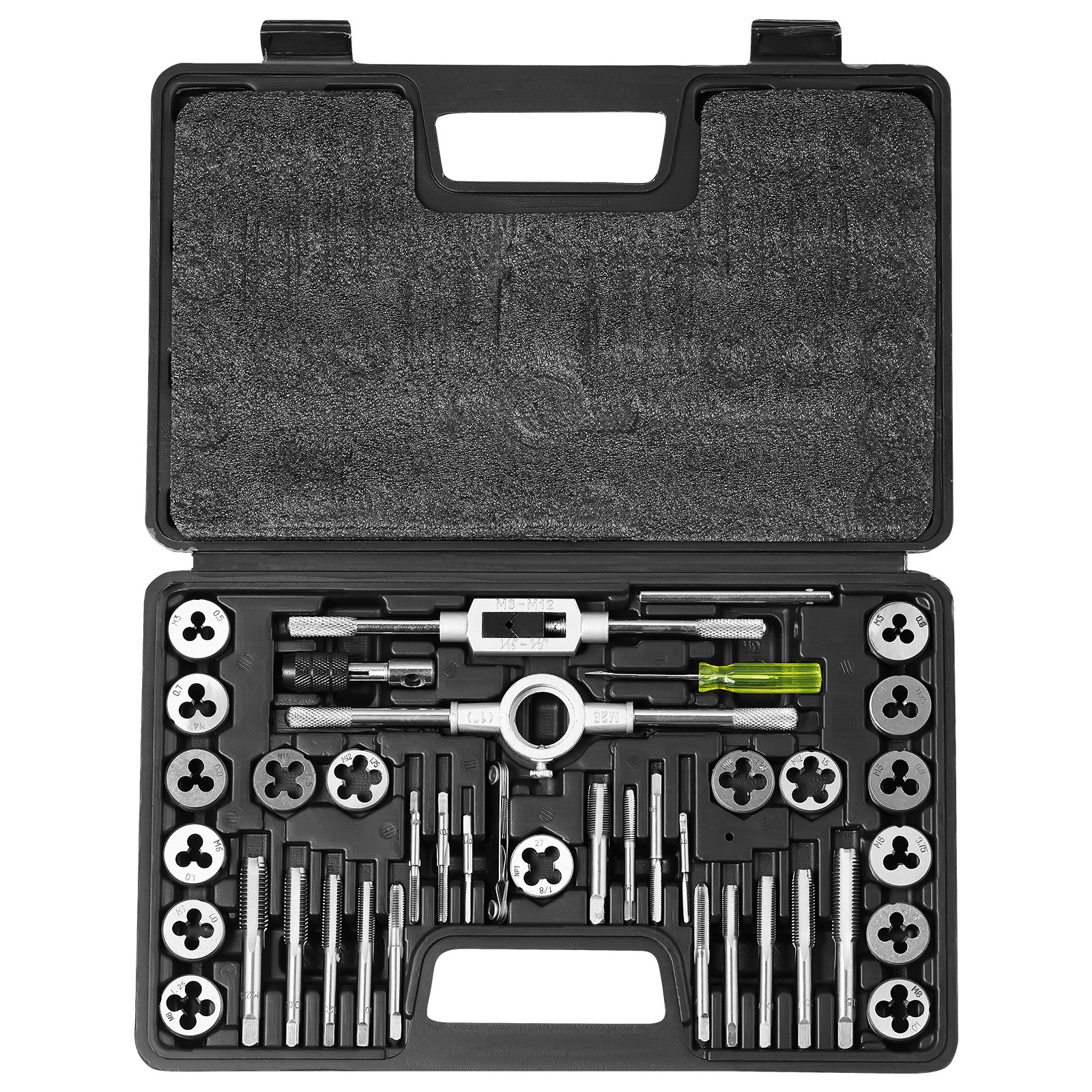 Juego de machos y terrajas VEVOR, 40 piezas, incluye tamaño métrico M3 a M12, machuelos y terrajas de acero para cojinetes, herramienta de roscado esencial para cortar roscas internas externas, con accesorios completos y estuche de almacenamiento