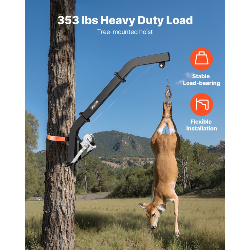 VEVOR - Polipasto para ciervos montado en árbol, capacidad de carga de 160 kg, cabrestante de caza con correa de trinquete, colgador resistente para ciervos para desollar, limpiar, colgar alimento y preparar el terreno, color negro