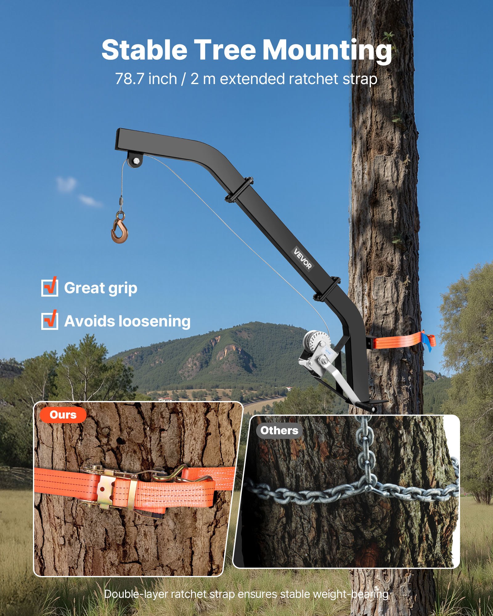 VEVOR - Polipasto para ciervos montado en árbol, capacidad de carga de 160 kg, cabrestante de caza con correa de trinquete, colgador resistente para ciervos para desollar, limpiar, colgar alimento y preparar el terreno, color negro