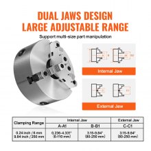 VEVOR Portabrocas de torno de 3 mordazas, 10'', Portabrocas de torno autocentrante, rango de sujeción de 0,24-9,84 pulgadas/6-250 mm con tornillos de fijación con llave en T Llave hexagonal, para torno Impresora 3D Centro de mecanizado Fresadora Taladro