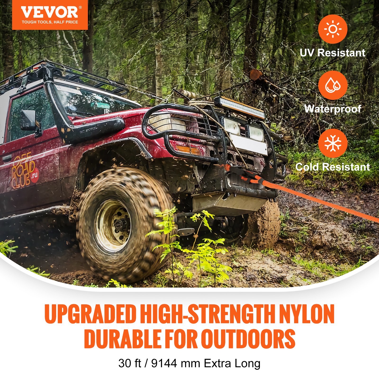 VEVOR Cuerda de remolque de recuperación cinética de 7/8" x 30', 14.967 kg, correa de arranque todoterreno de alta resistencia con 2 grilletes suaves (18.750 kg), 30 % de elasticidad, ideal para Jeep, coche, camión, ATV, tractor.