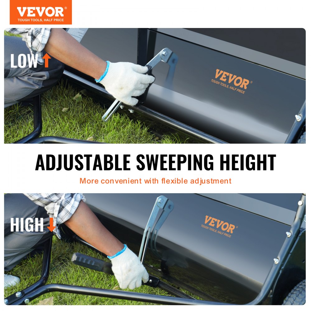 VEVOR Barredora de césped, 48.5", 26 pies cúbicos, barredora de remolque detrás del patio, diseño de cuerda de descarga y resistente, duradero de usar, recolector de hojas y césped con altura de barrido ajustable para recoger escombros y césped