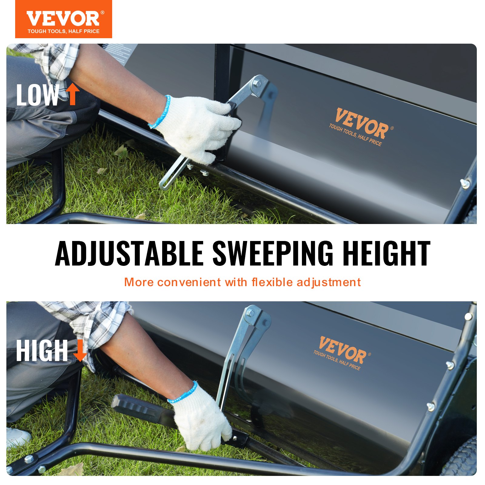 VEVOR Barredora de césped, 48.5", 26 pies cúbicos, barredora de remolque detrás del patio, diseño de cuerda de descarga y resistente, duradero de usar, recolector de hojas y césped con altura de barrido ajustable para recoger escombros y césped