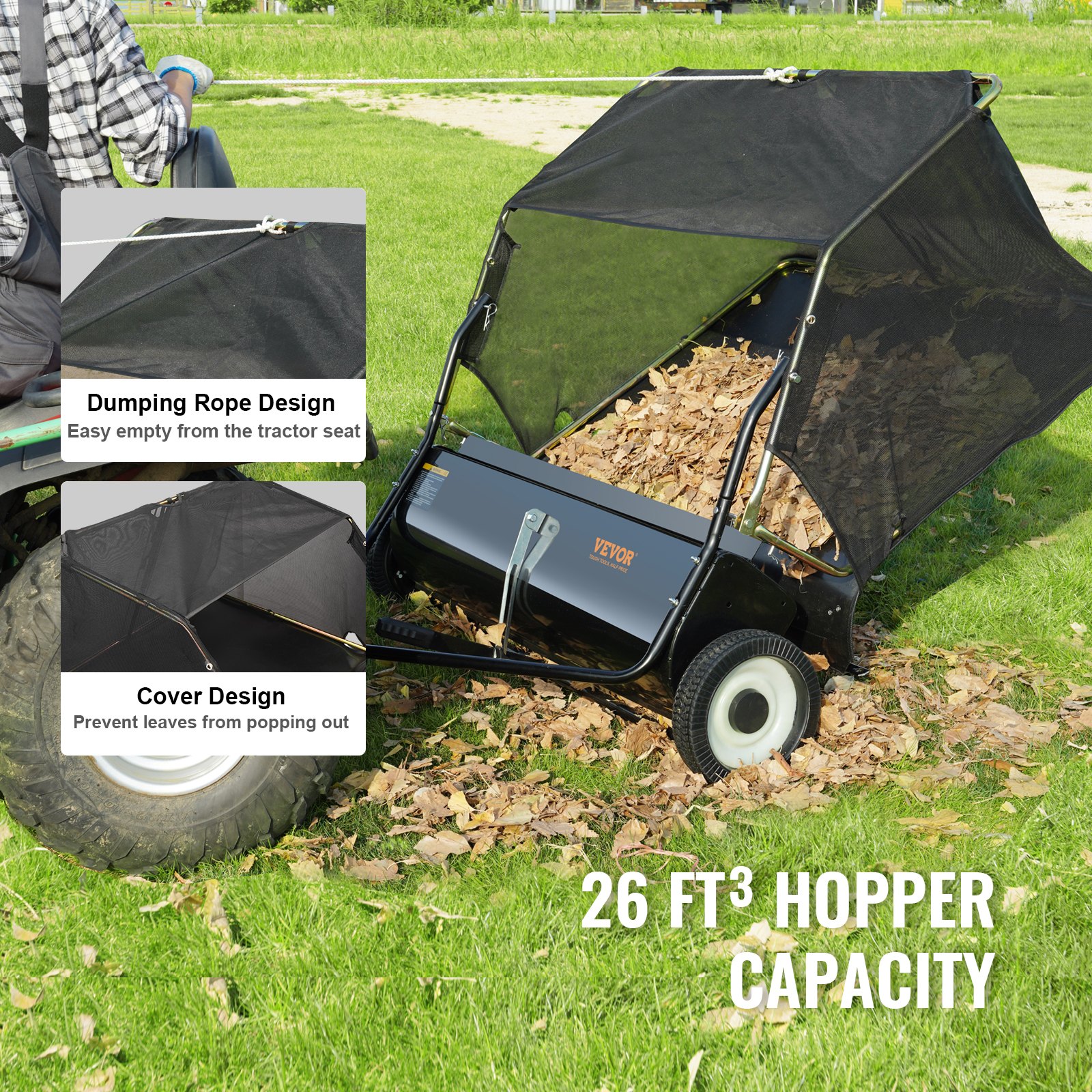 VEVOR Barredora de césped, 48.5", 26 pies cúbicos, barredora de remolque detrás del patio, diseño de cuerda de descarga y resistente, duradero de usar, recolector de hojas y césped con altura de barrido ajustable para recoger escombros y césped