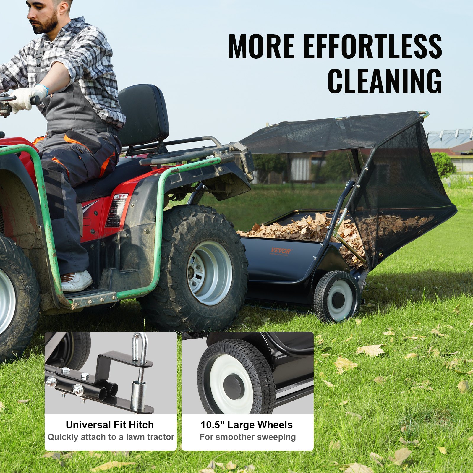 VEVOR Barredora de césped, 48.5", 26 pies cúbicos, barredora de remolque detrás del patio, diseño de cuerda de descarga y resistente, duradero de usar, recolector de hojas y césped con altura de barrido ajustable para recoger escombros y césped