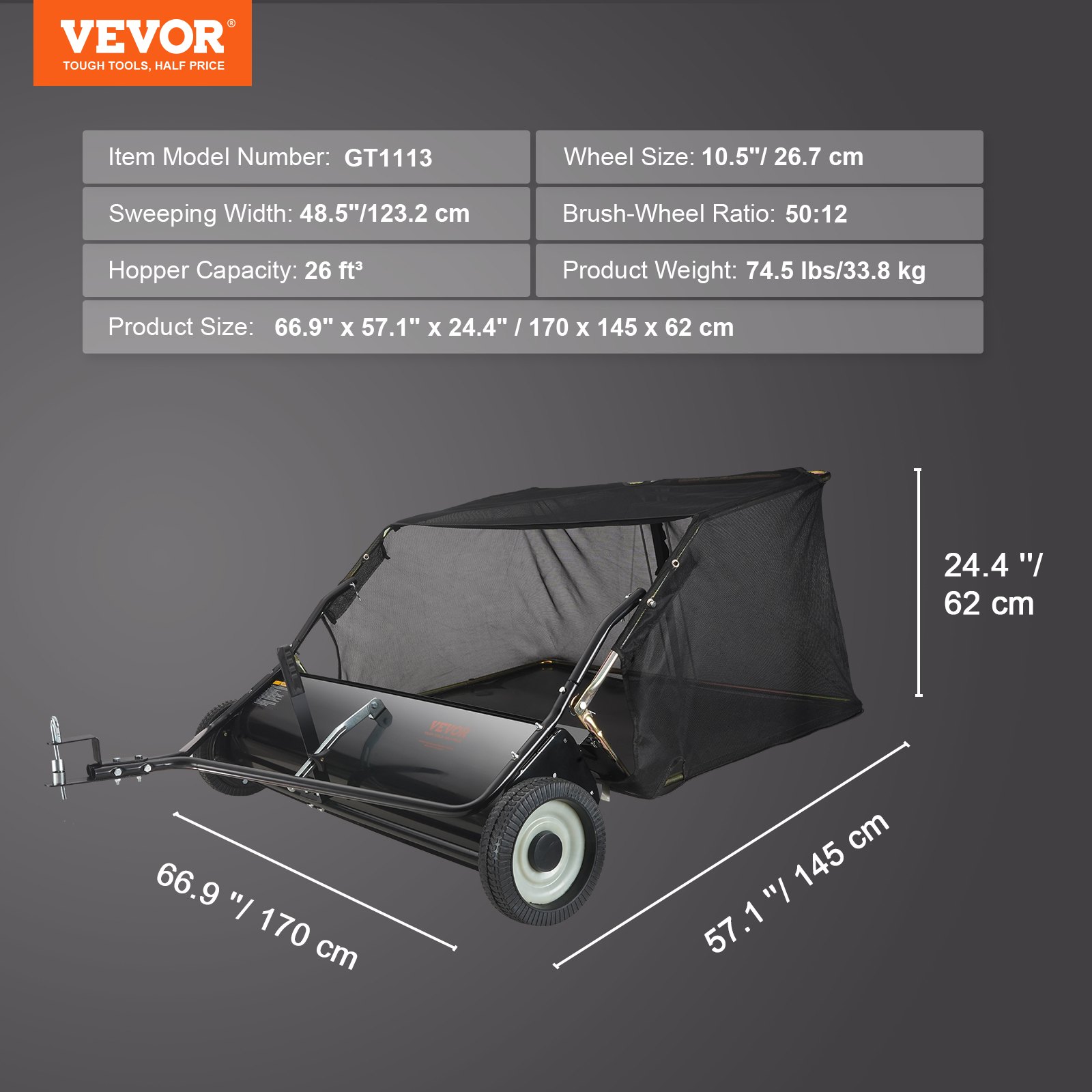 VEVOR Barredora de césped, 48.5", 26 pies cúbicos, barredora de remolque detrás del patio, diseño de cuerda de descarga y resistente, duradero de usar, recolector de hojas y césped con altura de barrido ajustable para recoger escombros y césped