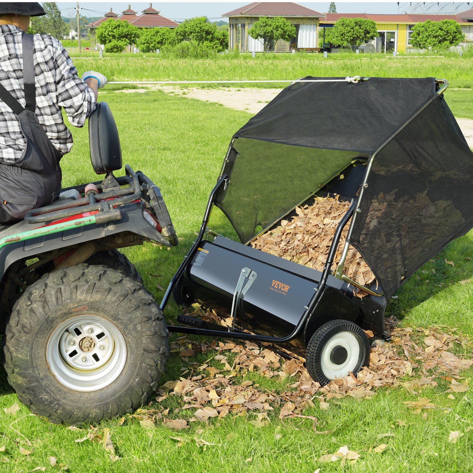 VEVOR Barredora de césped, 48.5", 26 pies cúbicos, barredora de remolque detrás del patio, diseño de cuerda de descarga y resistente, duradero de usar, recolector de hojas y césped con altura de barrido ajustable para recoger escombros y césped