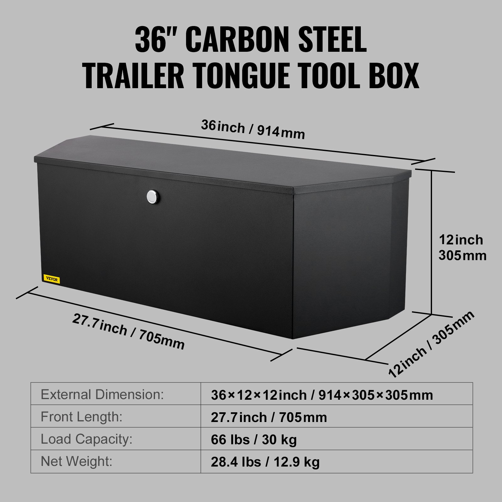 Caja de herramientas VEVOR para remolque, de acero al carbono, resistente, con cerradura y llaves, para camioneta, remolque de autocaravana, 91 x 30 x 30 cm
