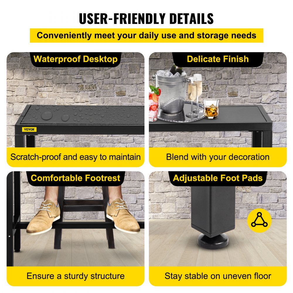 Mesa de bar para exterior VEVOR con escritorio impermeable, acabado delicado, reposapiés, almohadillas para los pies ajustables.