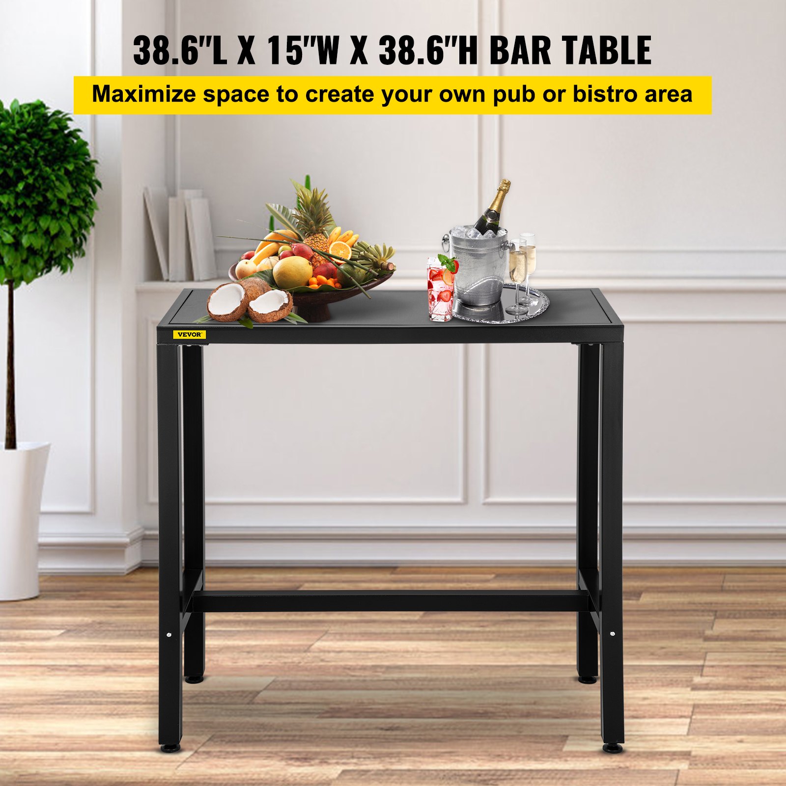 Mesa de bar para exterior VEVOR con frutas, balde de champán y copas sobre suelo de madera.