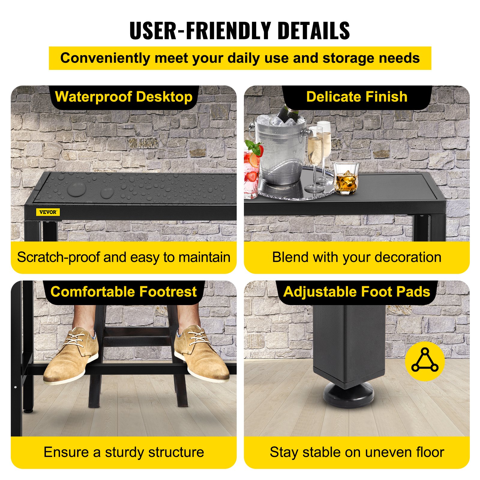 Mesa de bar para exterior VEVOR con escritorio impermeable, acabado delicado, reposapiés, almohadillas para los pies ajustables.