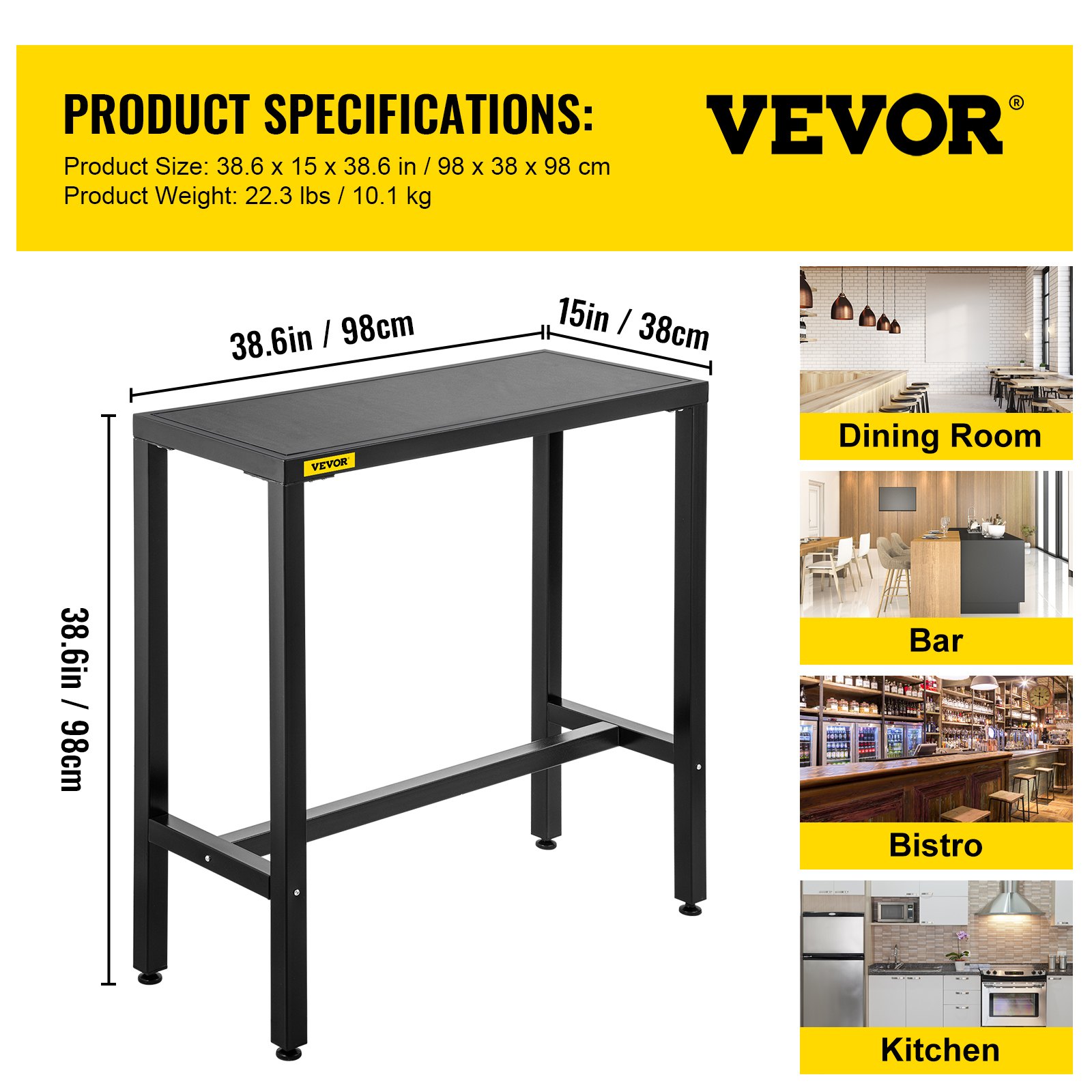Dimensiones y usos de la mesa de bar para exteriores VEVOR en comedor, bar, bistró y cocina.