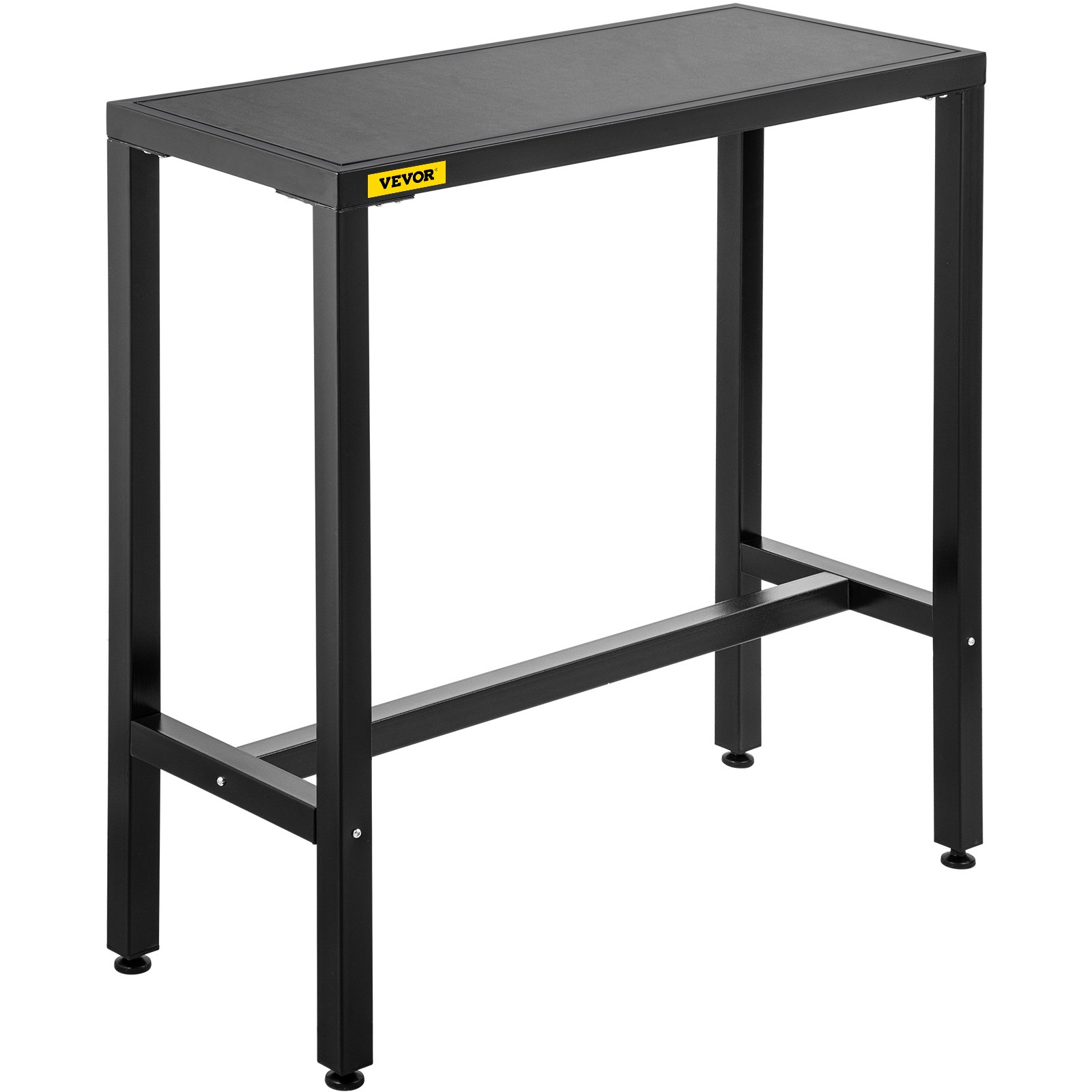 Mesa de bar para exterior VEVOR con estructura de metal negro y patas ajustables.