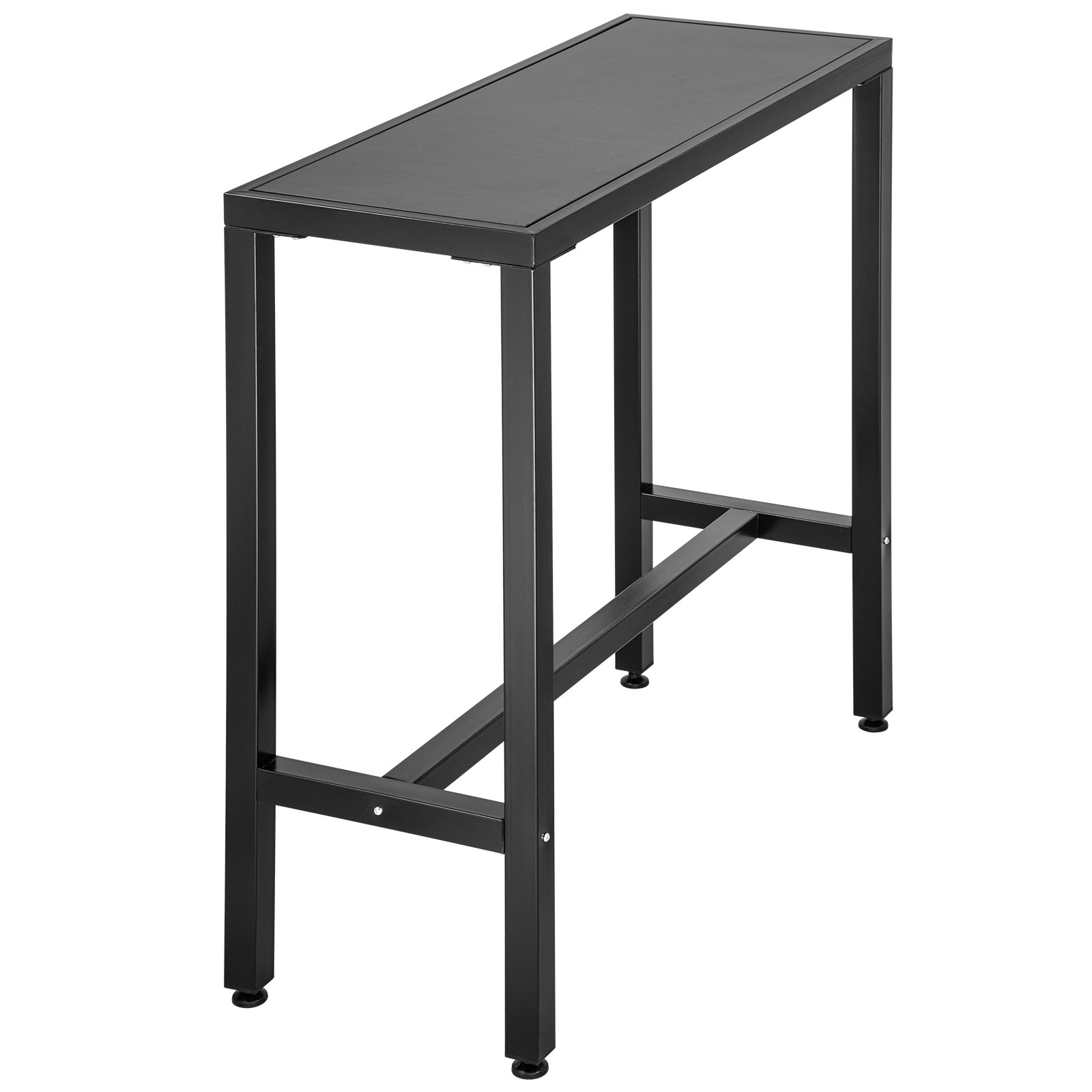 Mesa de bar para exterior VEVOR negra con estructura de metal y tablero rectangular.