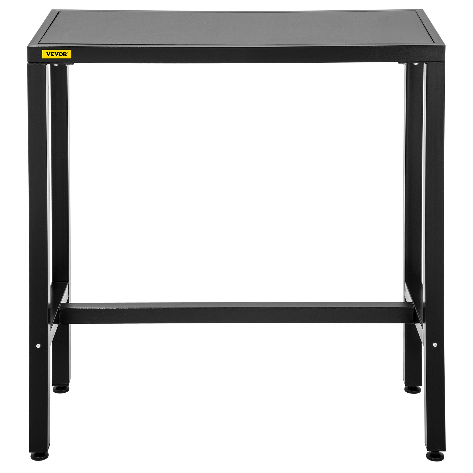 Mesa de bar para exterior VEVOR negra con estructura de metal resistente y una elegante superficie rectangular.