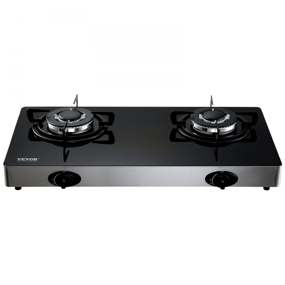 VEVOR - Estufa de gas de 28 pulgadas con 2 quemadores, máx. 10100 BTU, encimera de vidrio templado, con encendido electrónico por pulsos, ideal para camping, autocaravanas, cocinas al aire libre y apartamentos pequeños.