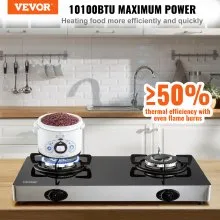 VEVOR Estufa de gas de 28 pulgadas, Max 10100BTU 2 quemadores de vidrio templado encimera de gas, encimera de gas natural portátil con encendido electrónico de pulso para exteriores, cocina, camping, RV, apartamento