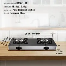 VEVOR Estufa de gas de 28 pulgadas, Max 10100BTU 2 quemadores de vidrio templado encimera de gas, encimera de gas natural portátil con encendido electrónico de pulso para exteriores, cocina, camping, RV, apartamento