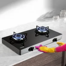VEVOR Estufa de gas de 28 pulgadas, Max 10100BTU 2 quemadores de vidrio templado encimera de gas, encimera de gas natural portátil con encendido electrónico de pulso para exteriores, cocina, camping, RV, apartamento