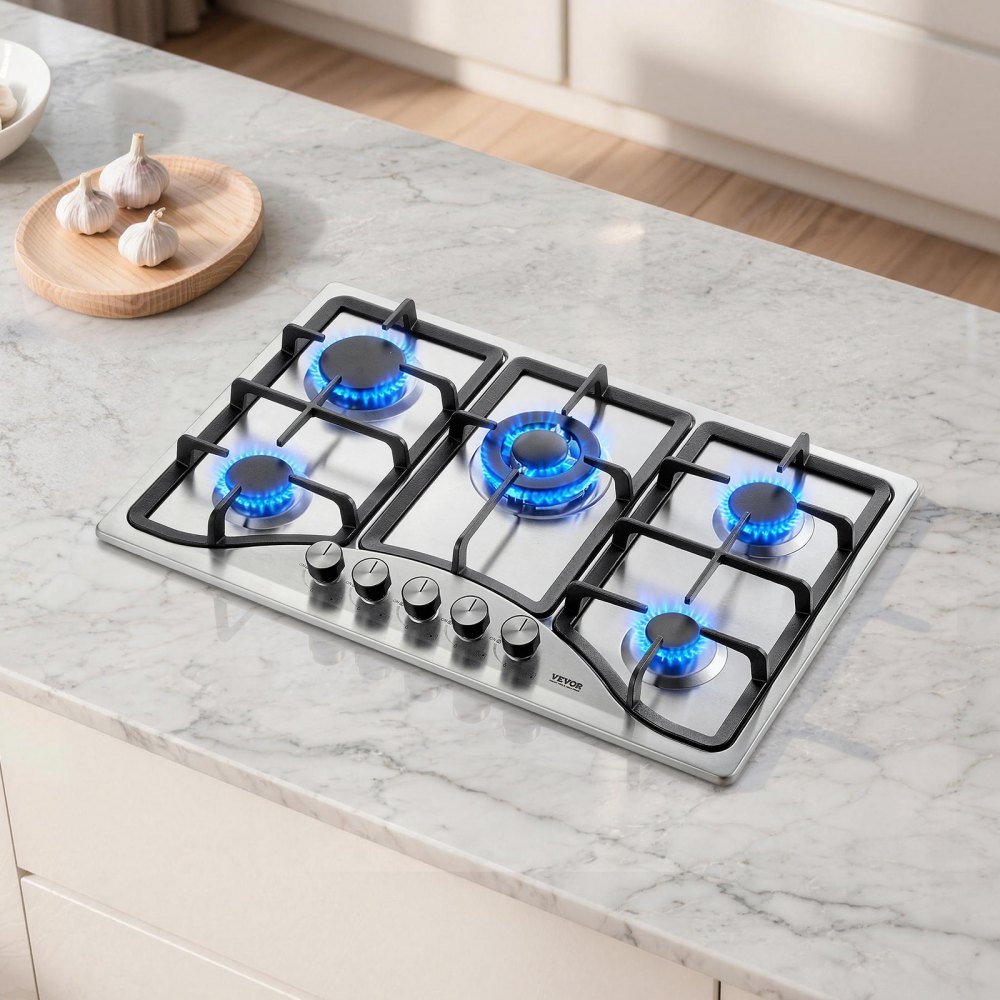 Estufa de gas VEVOR de 30 pulgadas, estufa de gas integrada de 5 quemadores, máx. 12250 BTU NG/LPG, cocina de gas natural de acero inoxidable convertible, con protección de termopar para camping, RV, apartamento