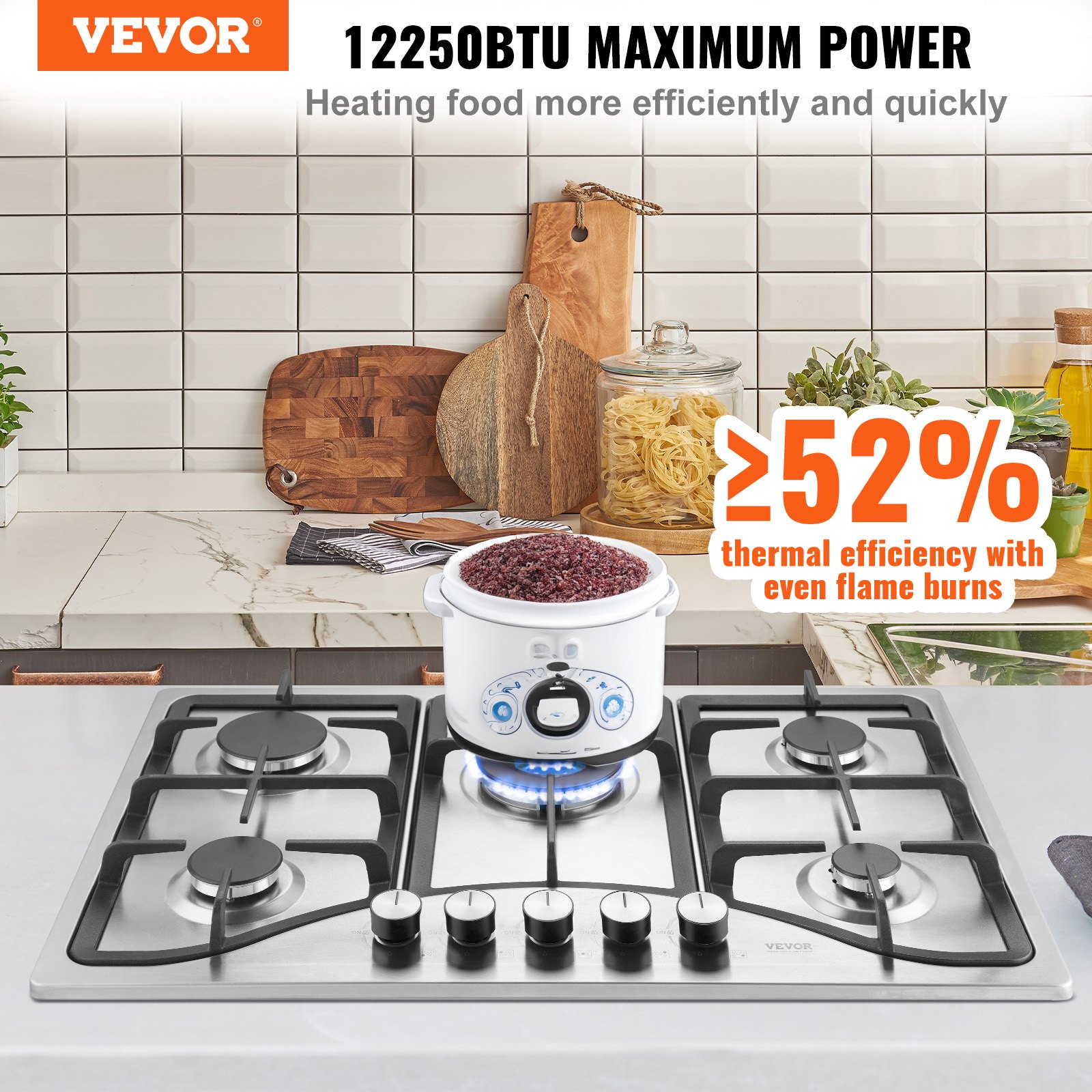 Estufa de gas VEVOR de 30 pulgadas, estufa de gas integrada de 5 quemadores, máx. 12250 BTU NG/LPG, cocina de gas natural de acero inoxidable convertible, con protección de termopar para camping, RV, apartamento