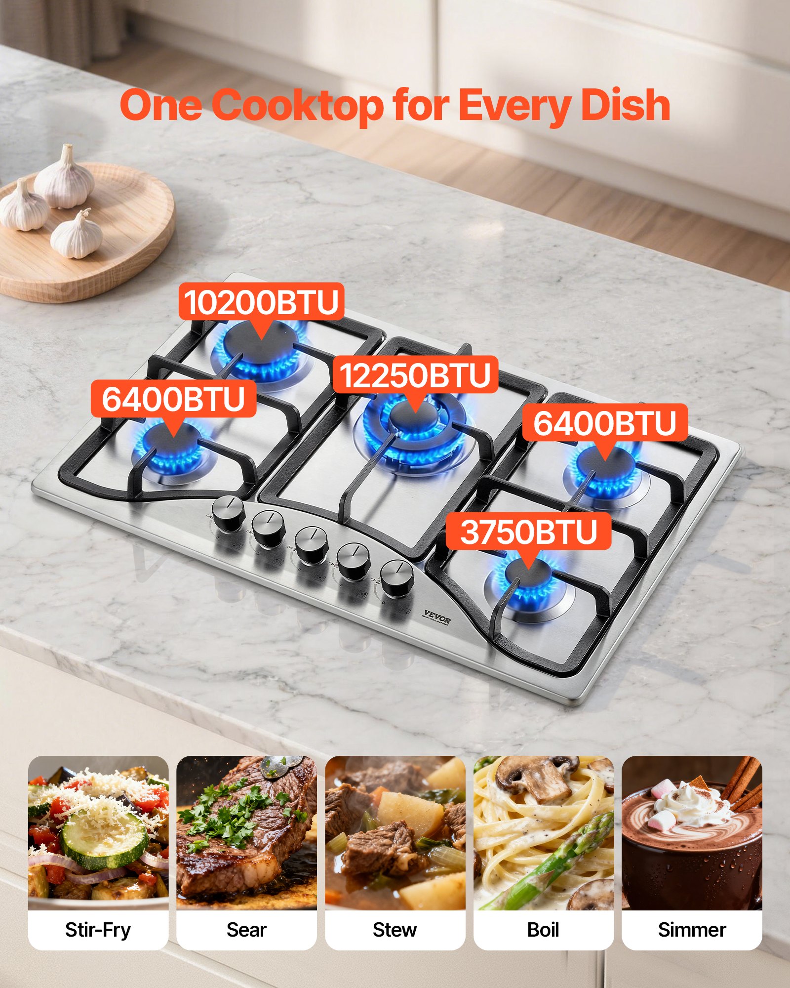 Estufa de gas VEVOR de 30 pulgadas, estufa de gas integrada de 5 quemadores, máx. 12250 BTU NG/LPG, cocina de gas natural de acero inoxidable convertible, con protección de termopar para camping, RV, apartamento