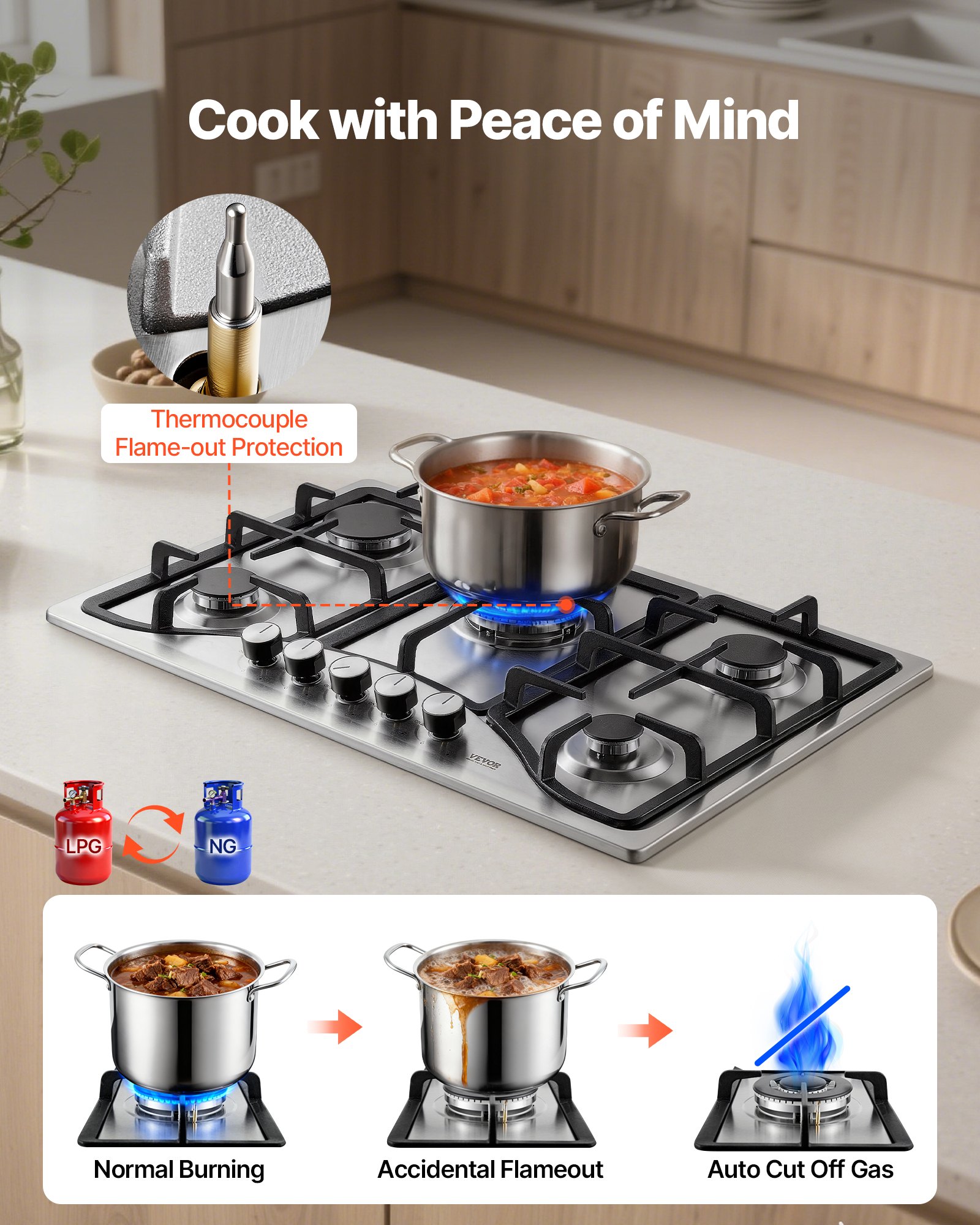 Estufa de gas VEVOR de 30 pulgadas, estufa de gas integrada de 5 quemadores, máx. 12250 BTU NG/LPG, cocina de gas natural de acero inoxidable convertible, con protección de termopar para camping, RV, apartamento