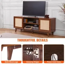 VEVOR Soporte de TV de ratán para TV de 75 pulgadas, soporte de TV bohemio con puerta de ratán, centro de entretenimiento con enchufe incorporado, gabinete de almacenamiento con 2 estantes, consola de TV moderna para sala de estar, sala multimedia, nogal