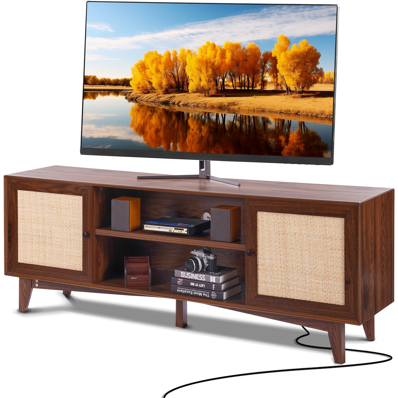 VEVOR - Mueble de TV de ratán de 75 pulgadas, estilo bohemio con puerta de ratán, centro de entretenimiento con enchufe integrado, mueble de almacenaje con 2 estantes, consola de TV moderna para sala de estar y sala multimedia, color nogal