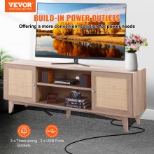 VEVOR Soporte para TV de ratán, moderno soporte para TV de mediados de siglo para TV de 75 pulgadas, mueble para TV de ratán bohemio con enchufe incorporado y puertos USB, estantes ajustables para sala de estar, sala multimedia, roble