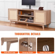 VEVOR Soporte para TV de ratán, moderno soporte para TV de mediados de siglo para TV de 75 pulgadas, mueble para TV de ratán bohemio con enchufe incorporado y puertos USB, estantes ajustables para sala de estar, sala multimedia, roble