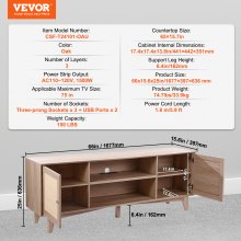 VEVOR Soporte para TV de ratán, moderno soporte para TV de mediados de siglo para TV de 75 pulgadas, mueble para TV de ratán bohemio con enchufe incorporado y puertos USB, estantes ajustables para sala de estar, sala multimedia, roble