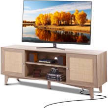 VEVOR Soporte para TV de ratán, moderno soporte para TV de mediados de siglo para TV de 75 pulgadas, mueble para TV de ratán bohemio con enchufe incorporado y puertos USB, estantes ajustables para sala de estar, sala multimedia, roble