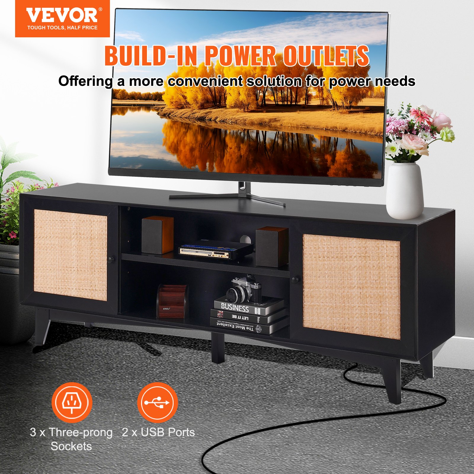 VEVOR - Mueble de TV de ratán para TV de 75 pulgadas, estilo bohemio con puerta de ratán, centro de entretenimiento con enchufe integrado, mueble de almacenaje con 2 estantes, consola de TV moderna para sala de estar y sala multimedia, color negro