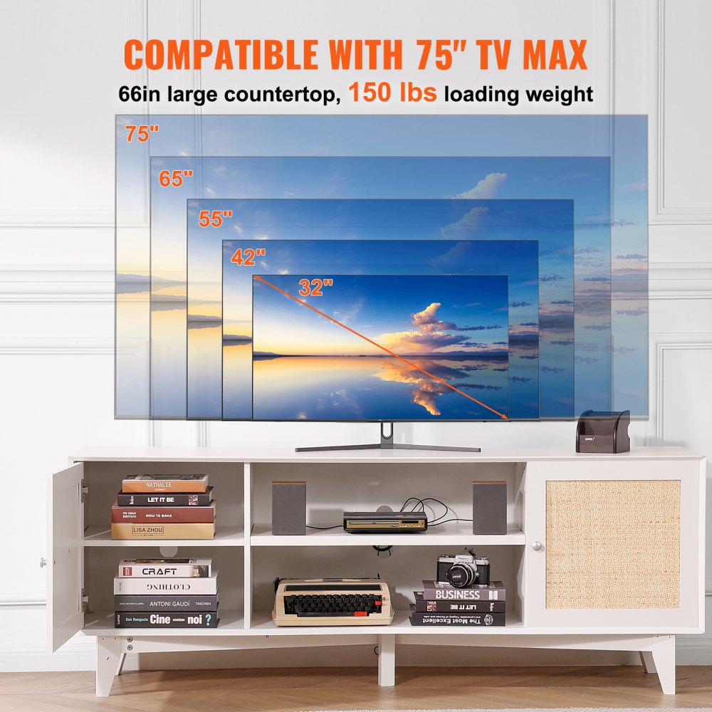 VEVOR - Mueble de TV de ratán para TV de 75 pulgadas, estilo bohemio con puerta de ratán, centro de entretenimiento con enchufe integrado, mueble de almacenaje con 2 estantes, consola de TV moderna para sala de estar y sala multimedia, color blanco