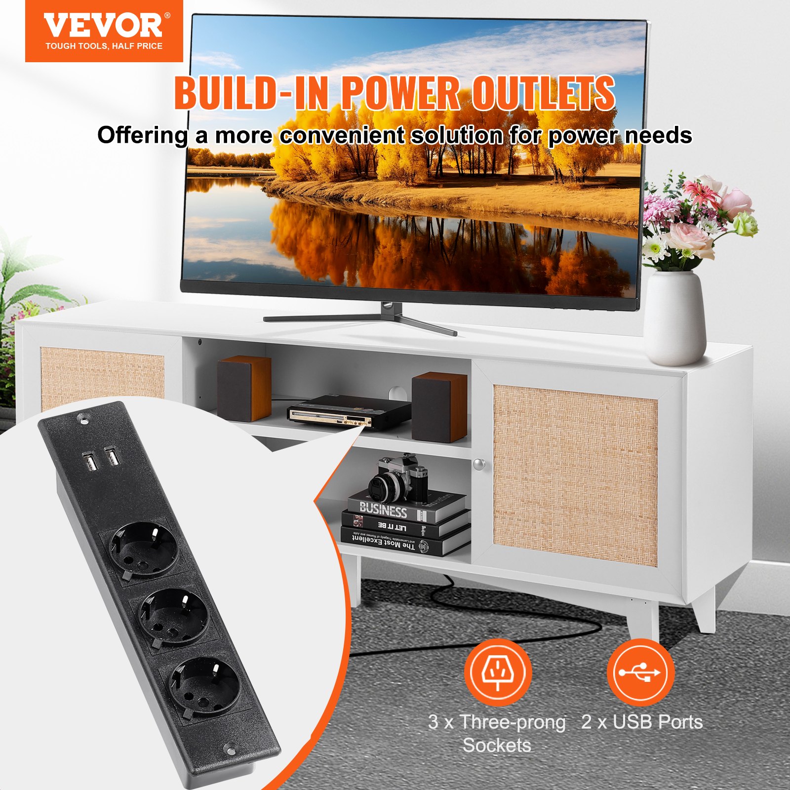 VEVOR - Mueble de TV de ratán para TV de 75 pulgadas, estilo bohemio con puerta de ratán, centro de entretenimiento con enchufe integrado, mueble de almacenaje con 2 estantes, consola de TV moderna para sala de estar y sala multimedia, color blanco